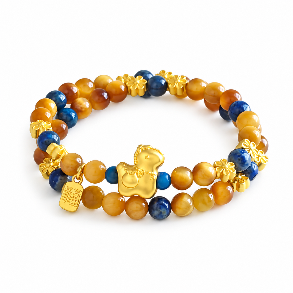 Golden Tiger Eye Double Wrap Bracelet with Fortune Charms — low-angle view