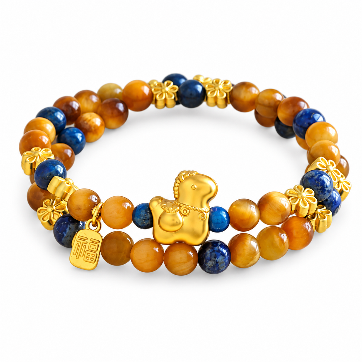 Golden Tiger Eye Double Wrap Bracelet with Fortune Charms — angled view