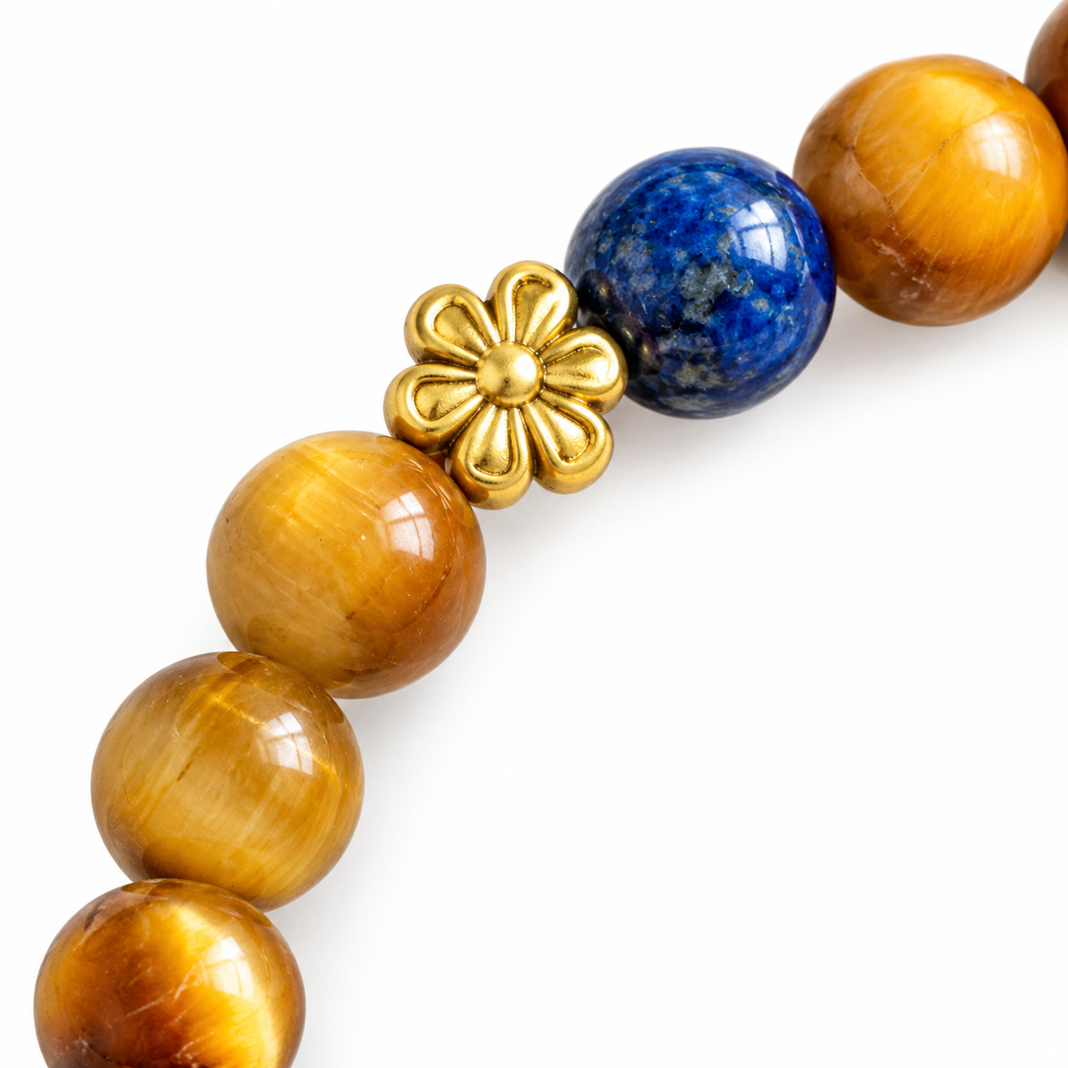 Golden Tiger Eye Double Wrap Bracelet — bead and flower spacer detail