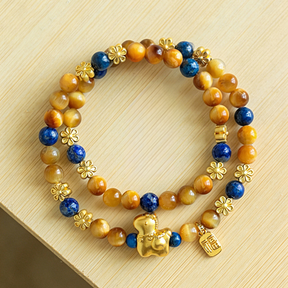Natural Golden Tiger Eye Double Wrap Bracelet with Fortune Charms | Protection & Wealth Jewelry