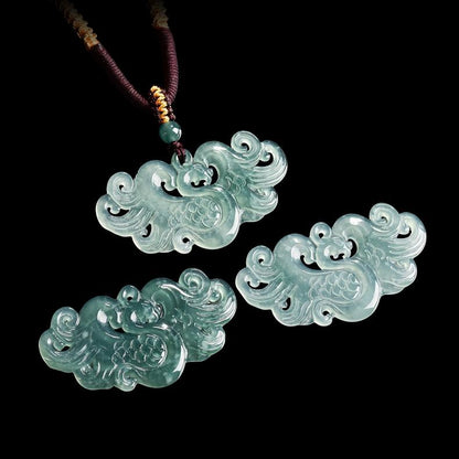 Natural Icy Green Jade Phoenix Pendant Necklace - Hand-Carved Good Luck Amulet