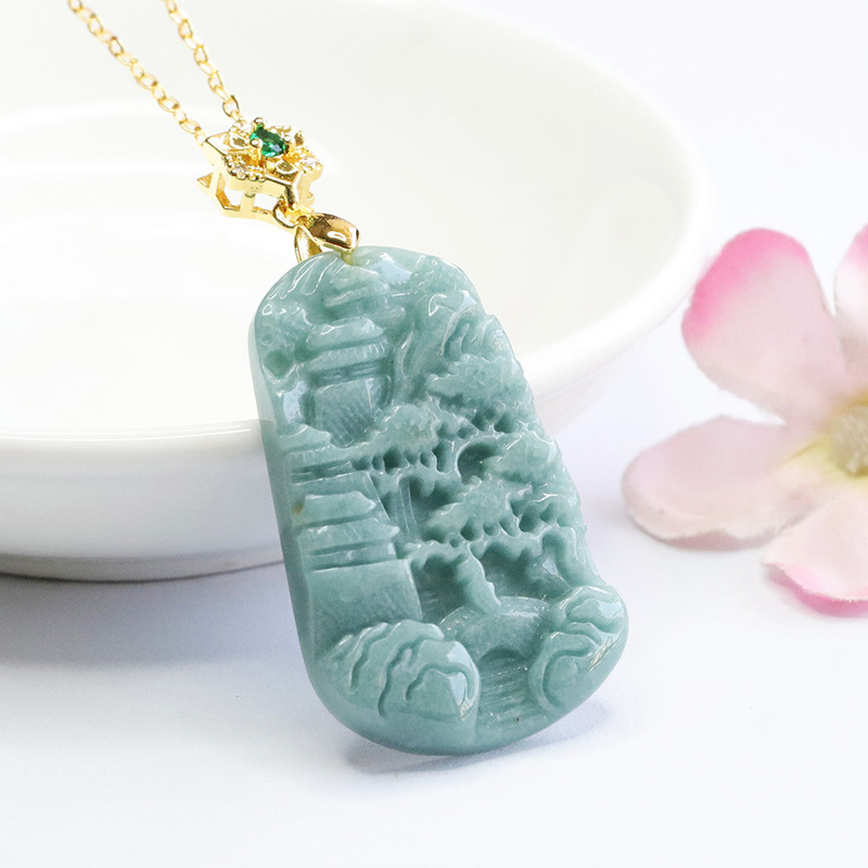 Authentic Grade A Jadeite "Shan Shui" Landscape Pendant | Blue Water Jade Necklace