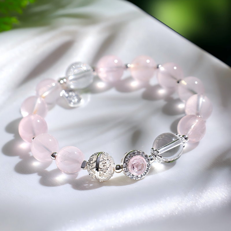 Natural Rose Quartz Beaded Bracelet with Silver Charms | Healing Crystal Jewelry