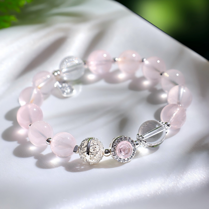 Natural Rose Quartz Beaded Bracelet with Silver Charms | Healing Crystal Jewelry