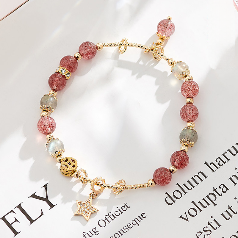 Natural Strawberry Quartz & Moonstone Bracelet with Gold Star Charm | Dainty Crystal Jewelry