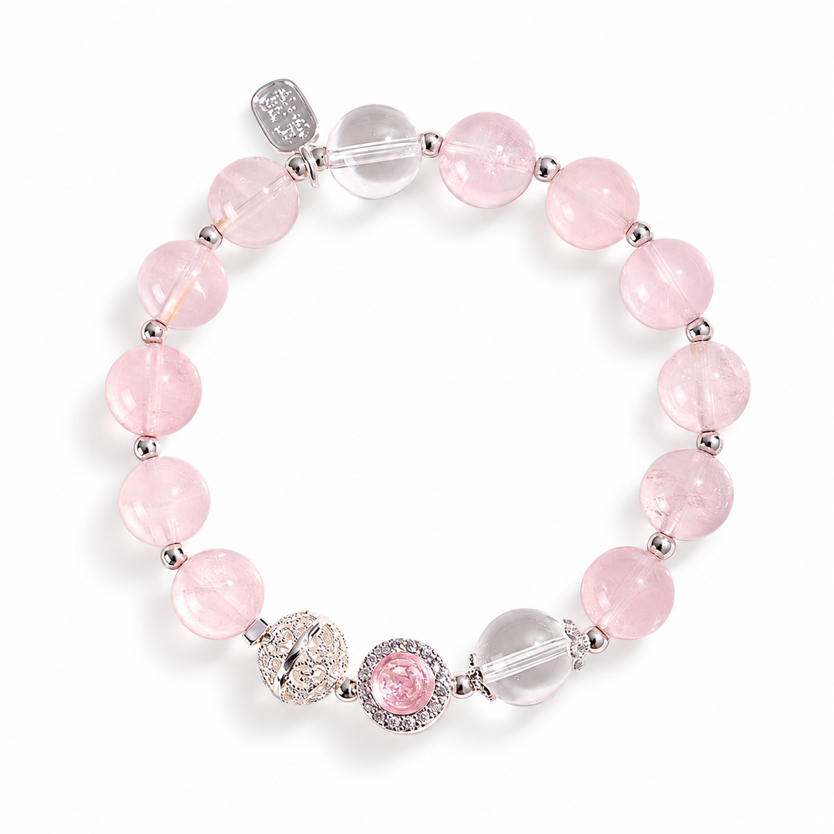 Rose Quartz Bracelet — round pink accent, overhead view