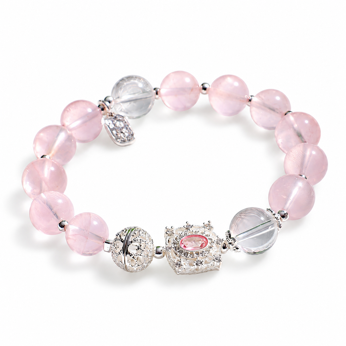 Rose Quartz Bracelet — rectangular pink accent, angled view