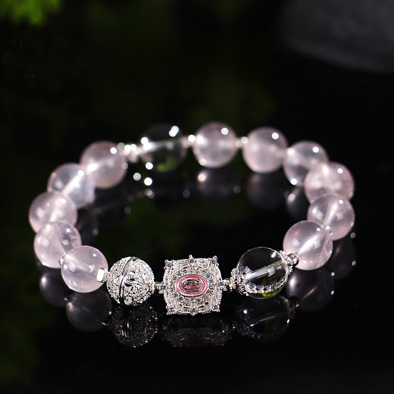 Natural Rose Quartz Beaded Bracelet with Silver Charms | Healing Crystal Jewelry