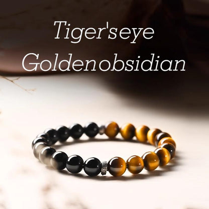 Natural Tiger's Eye & Golden Obsidian Bracelet | Mantra Protection Amulet