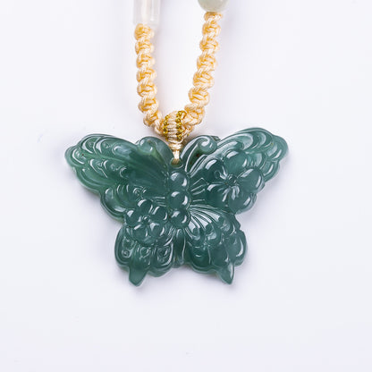 Authentic A type Icy Blue Water Jadeite Butterfly Pendant | Floral Carved Jade Necklace