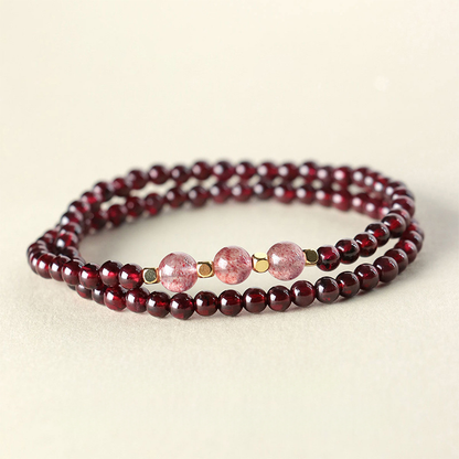 Natural Wine Red Garnet Double Wrap Bracelet with Pink Quartz | Dainty Crystal Jewelry