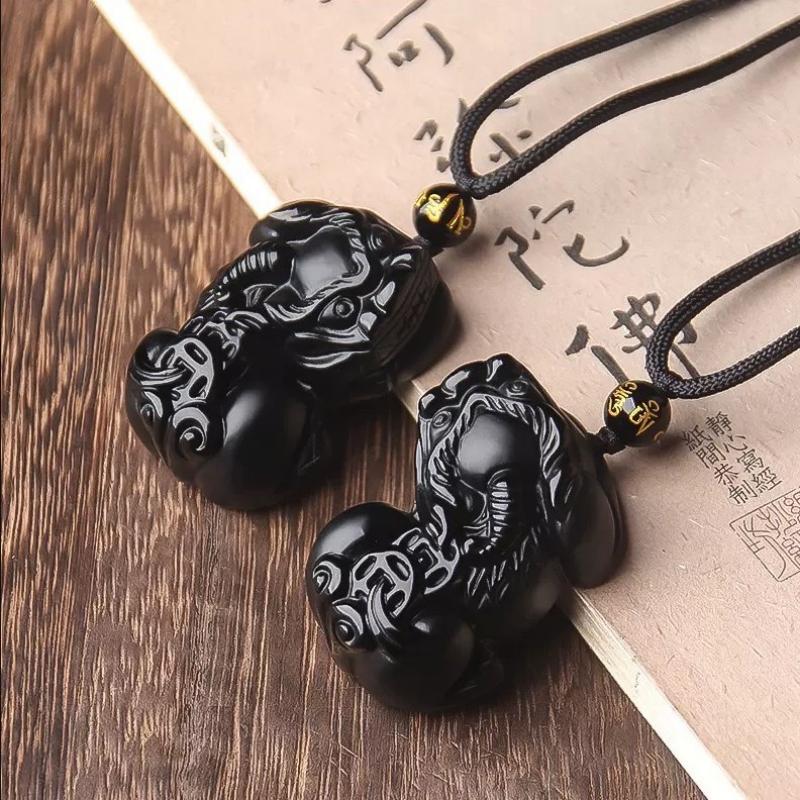 Natural Black Obsidian Pixiu Pendant | Feng Shui Wealth & Protection Amulet