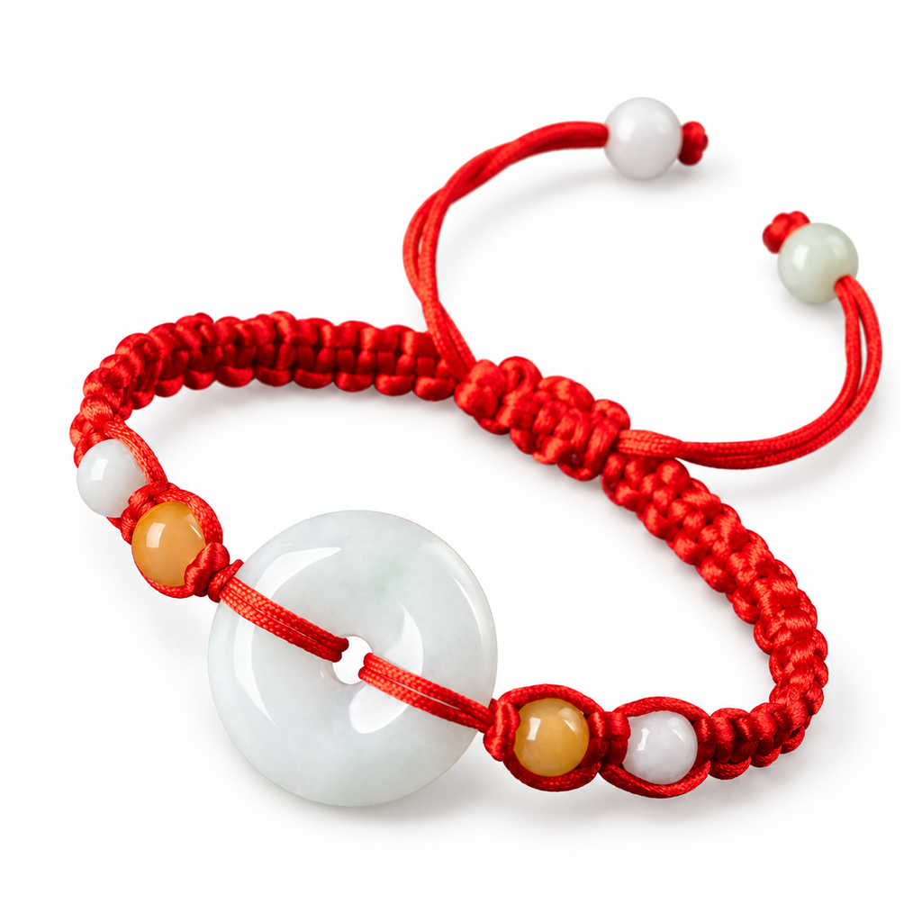 Pale Ring Red Cord Bracelet - angled view on white