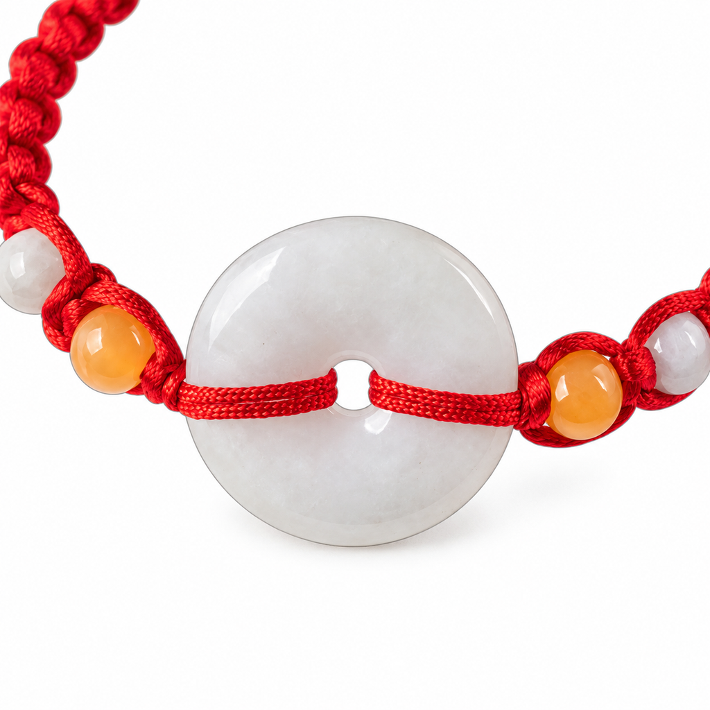 Pale Ring Red Cord Bracelet - centerpiece detail on white