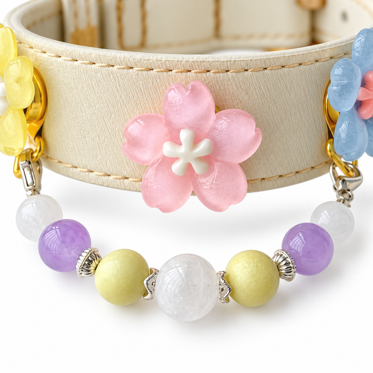 Pastel Garden Snow Beaded Pet Collar - bead and strap detail