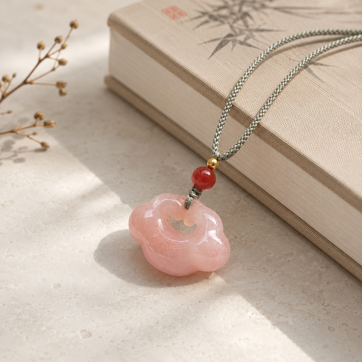 Pink auspicious cloud pendant necklace displayed in soft natural light