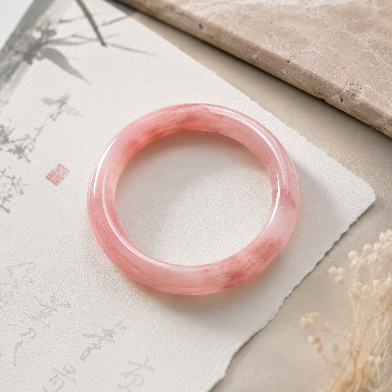 Top view of a polished pink quartzite jade bangle bracelet on a soft neutral background