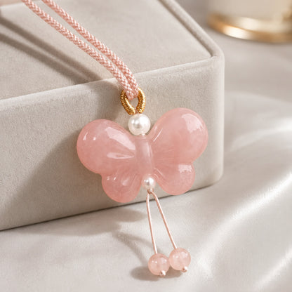 Pink butterfly quartzite jade pendant necklace with delicate bead accents