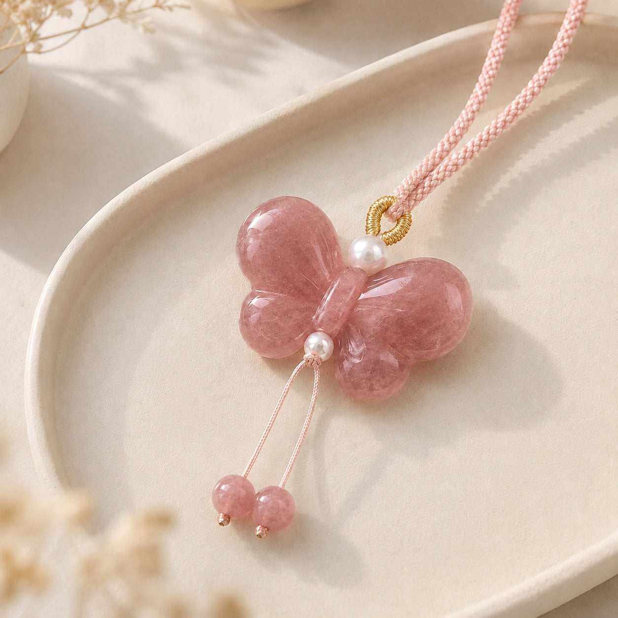 Pink quartzite jade butterfly pendant necklace with matching pink cord