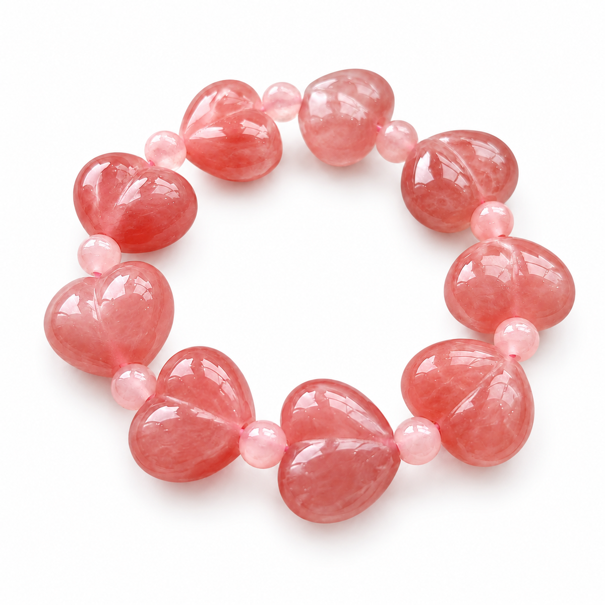 Peach Blossom Quartzite Jade Heart Bead Bracelet — angled view