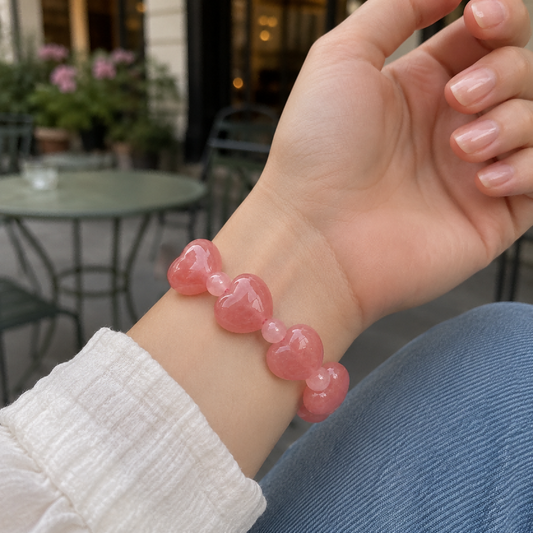 Woman wearing a pink quartzite jade heart bead bracelet
