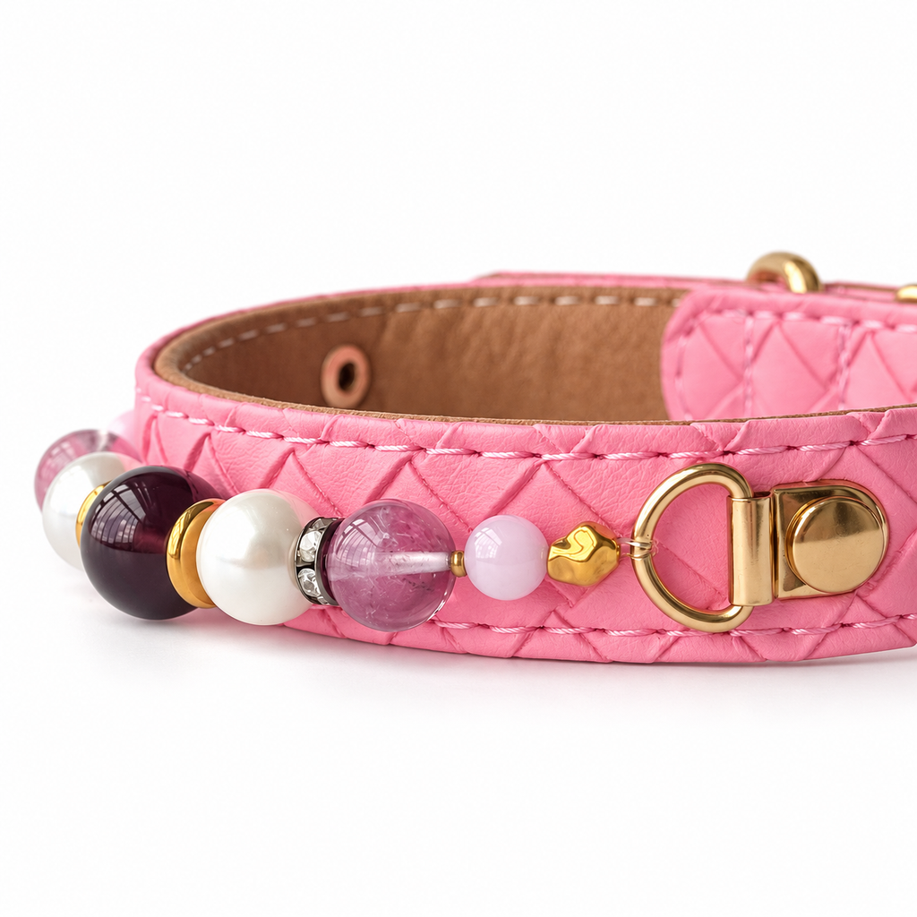 Pearl Dusk Beaded Pet Collar - bead and strap detail