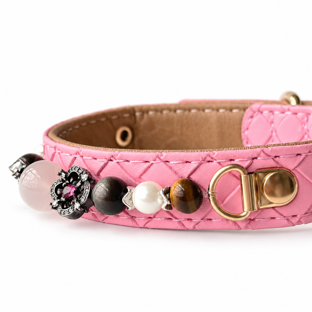 Pink Blossom Beaded Pet Collar - bead and strap detail