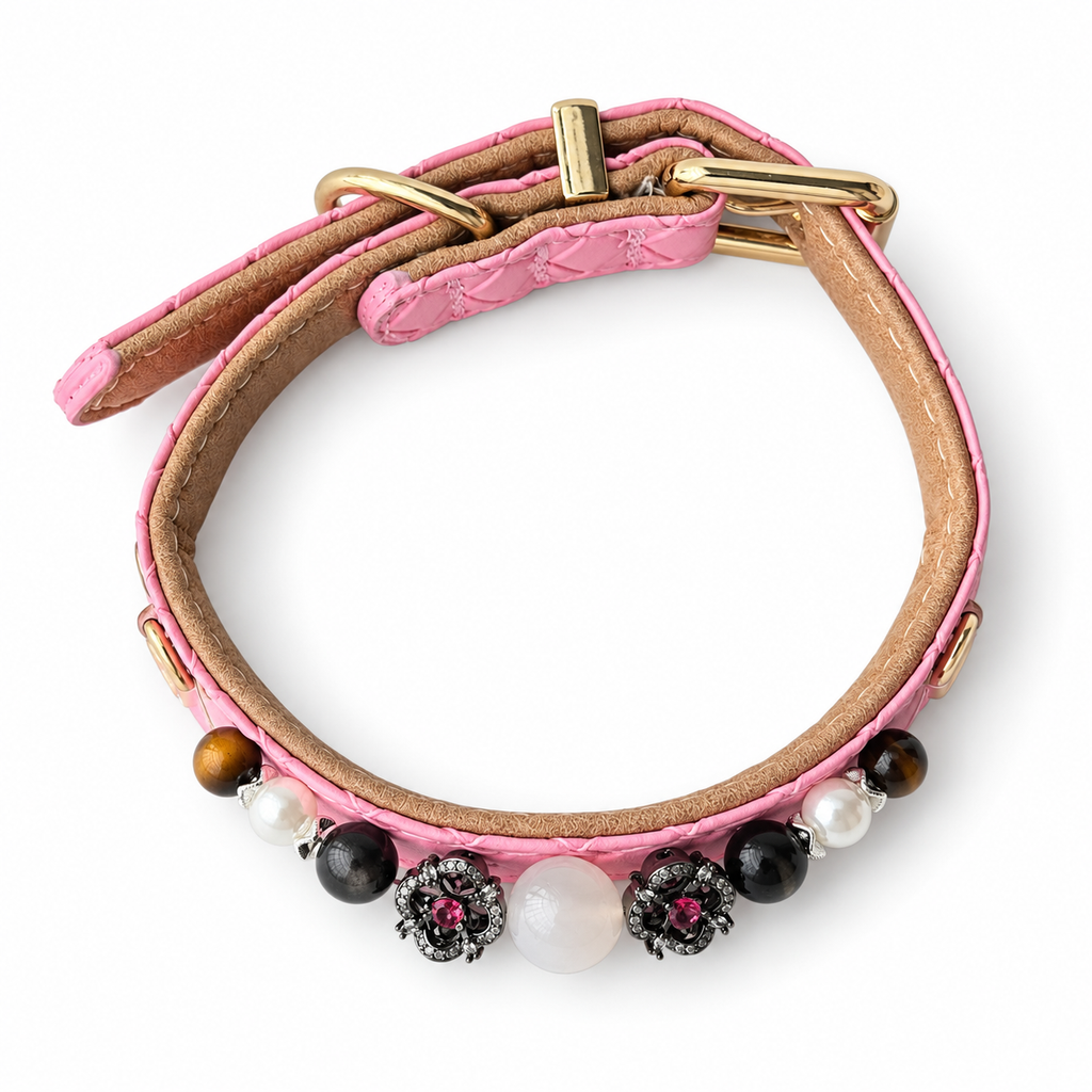 Pink Blossom Beaded Pet Collar - overhead view