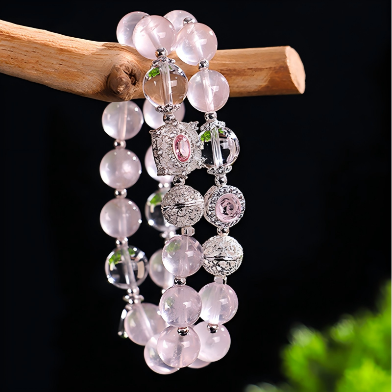 Natural Rose Quartz Beaded Bracelet with Silver Charms | Healing Crystal Jewelry