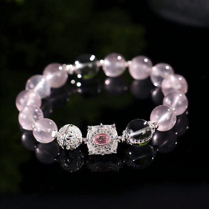Natural Rose Quartz Beaded Bracelet with Silver Charms | Healing Crystal Jewelry