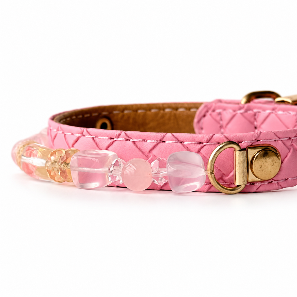 Pink Sunlight Beaded Pet Collar - bead and strap detail
