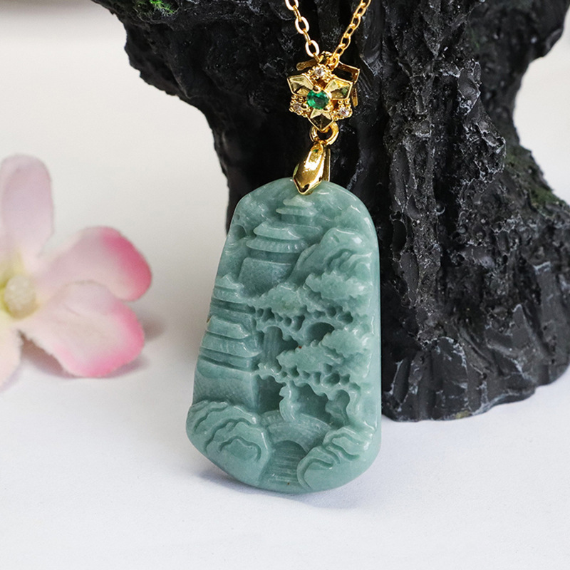 Authentic Grade A Jadeite "Shan Shui" Landscape Pendant | Blue Water Jade Necklace