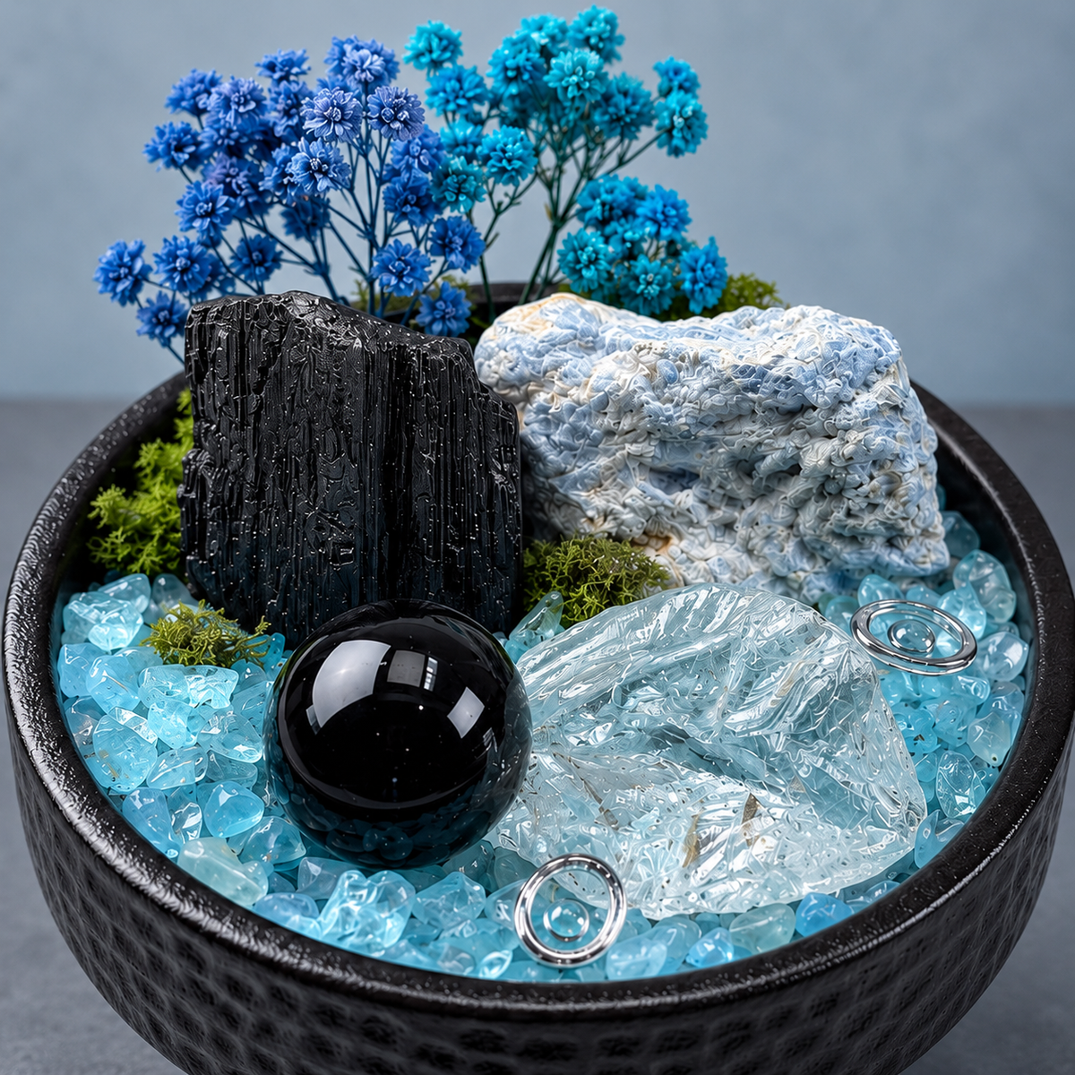 Quiet Harbor Crystal Garden — foreground stones and bowl detail