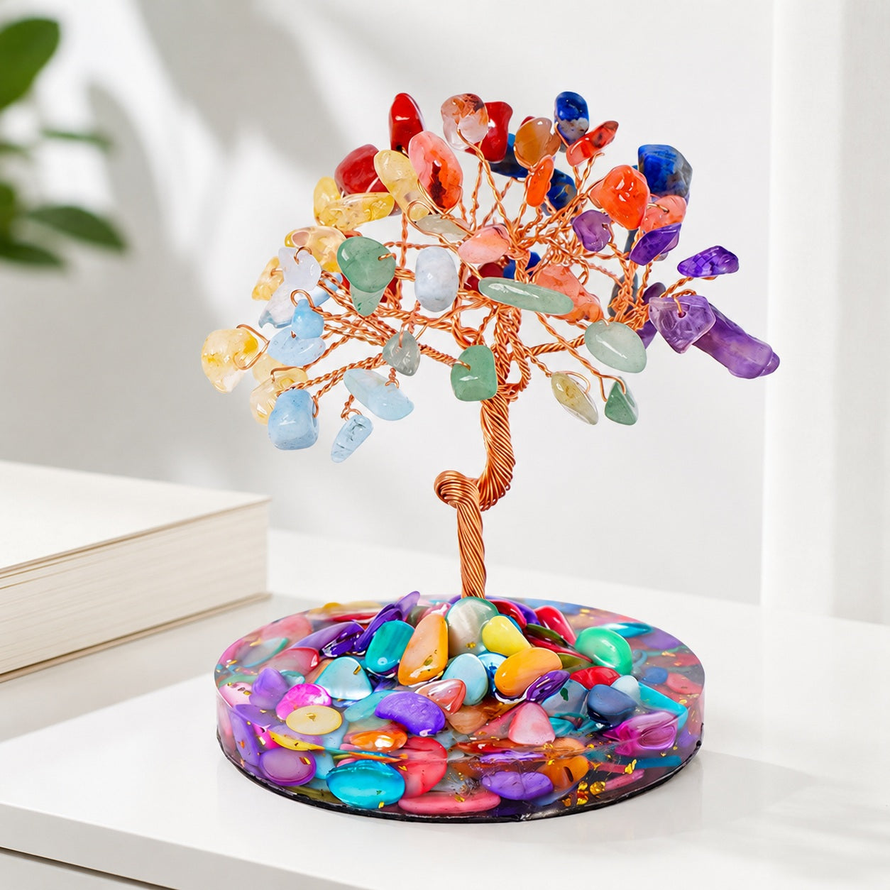 Rainbow crystal tree of life decor with colorful gemstone chips