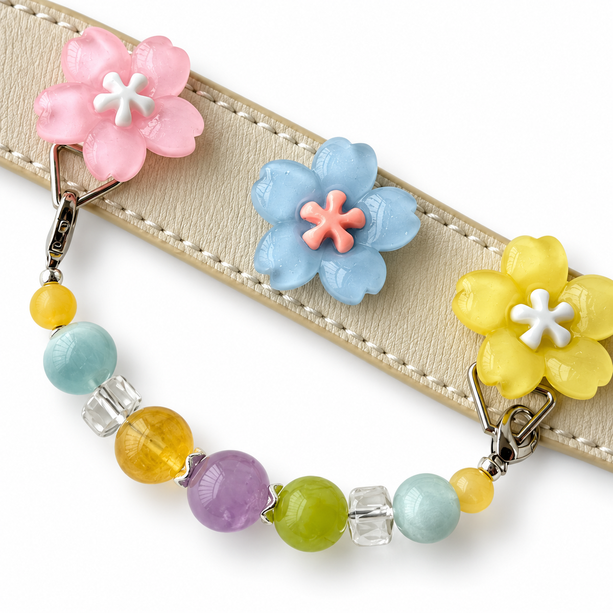 Rainbow Pastel Bloom Beaded Pet Collar - bead and strap detail