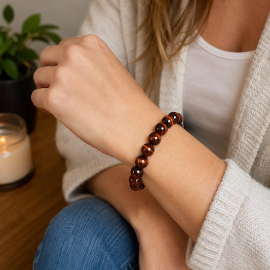 Woman wearing a red tiger’s eye beaded bracelet indoors