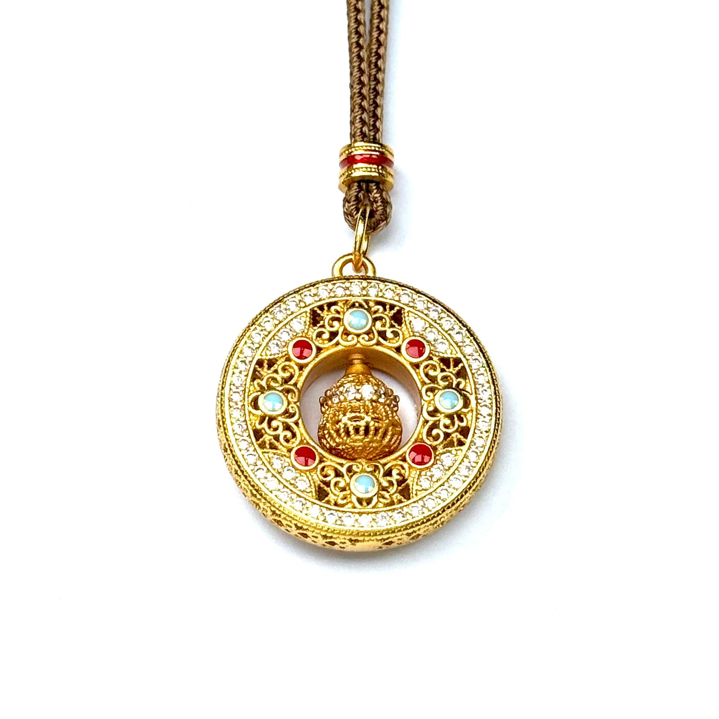 A front view of a luxurious sand gold spinning wealth wheel pendant featuring colorful gemstone accents and a double-row rhinestone frame on a white background.