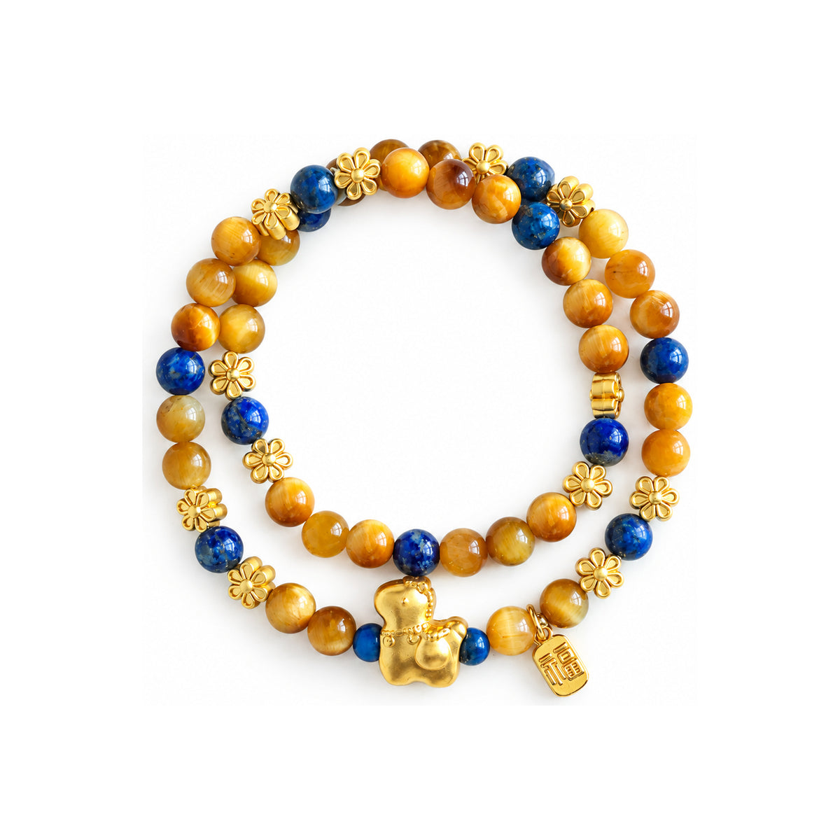 Golden Tiger Eye Double Wrap Bracelet with Fortune Charms — overhead view