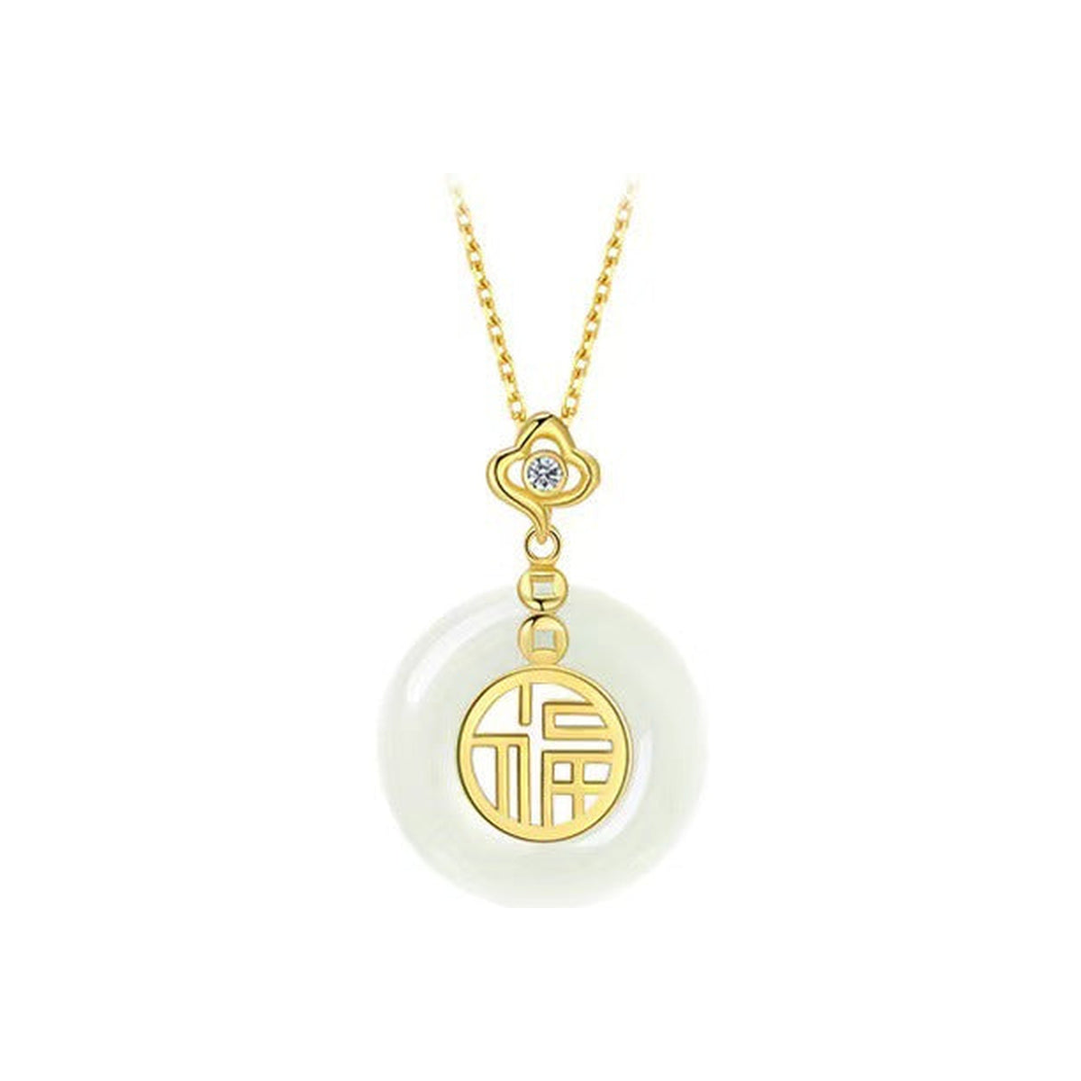 Authentic White Hetian Jade "Ping An Kou" Pendant | Gold "Fu" Fortune Necklace
