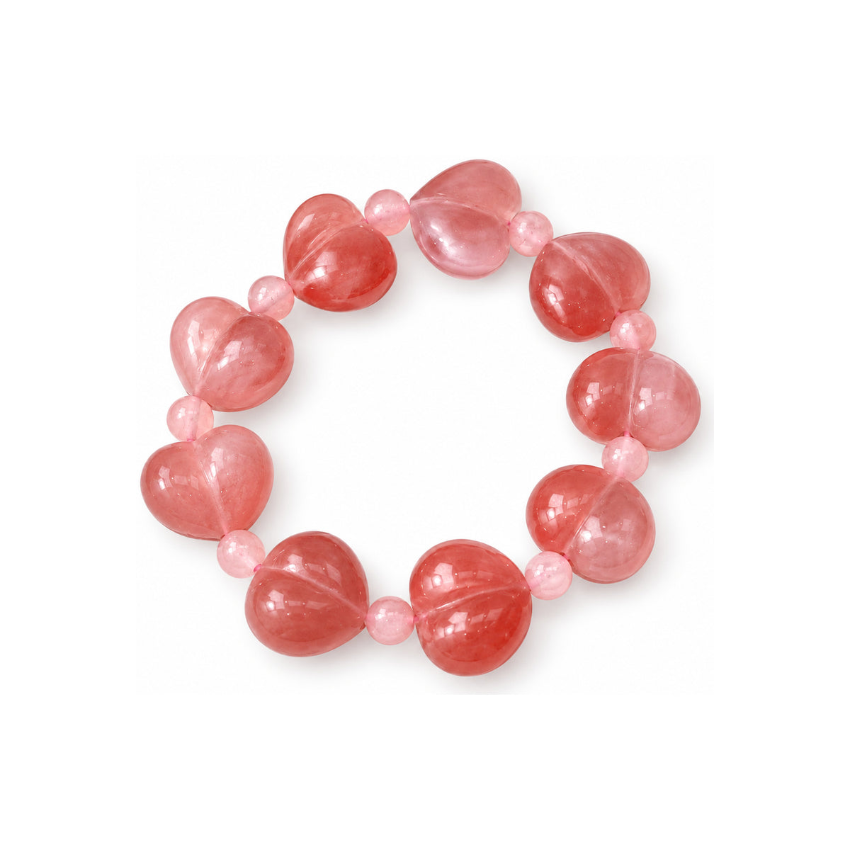 Peach Blossom Quartzite Jade Heart Bead Bracelet — overhead view