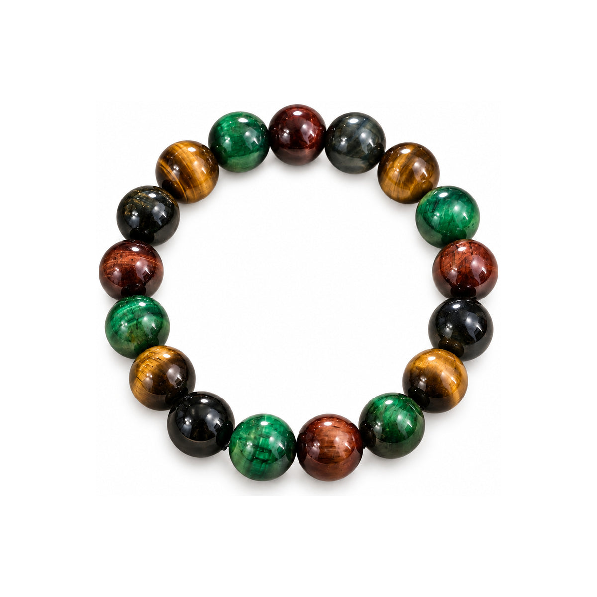Four-Color Tiger’s Eye Beaded Bracelet — overhead view