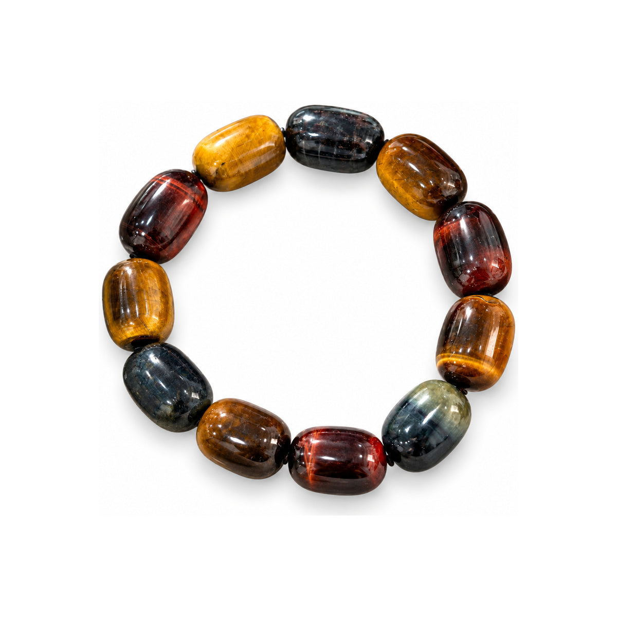 Tricolor Tiger’s Eye Barrel Bead Bracelet — overhead view