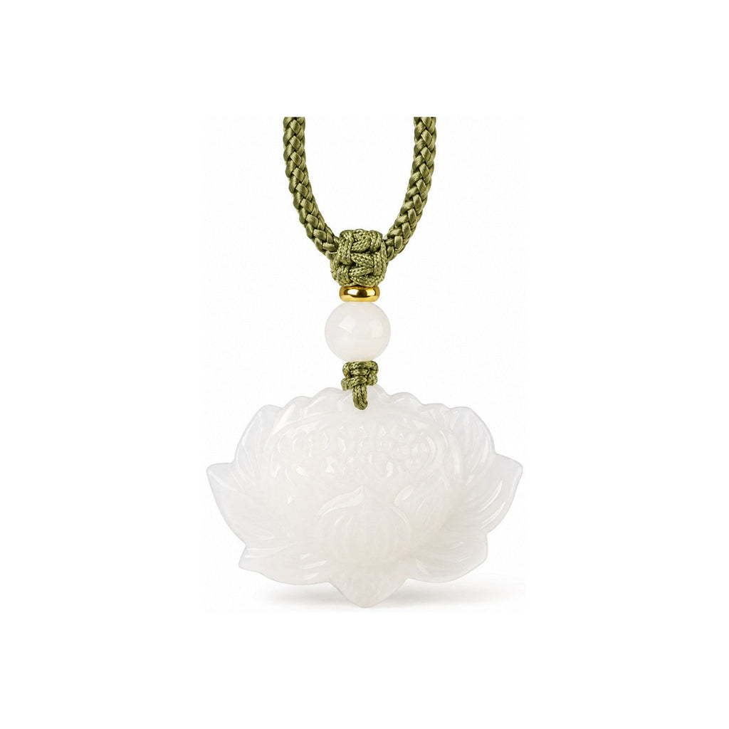Front view of a carved white Hetian jade lotus pendant with olive-green braided cord