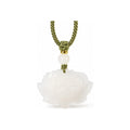 Front view of a carved white Hetian jade lotus pendant with olive-green braided cord