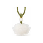 Front view of a carved white Hetian jade lotus pendant with olive-green braided cord