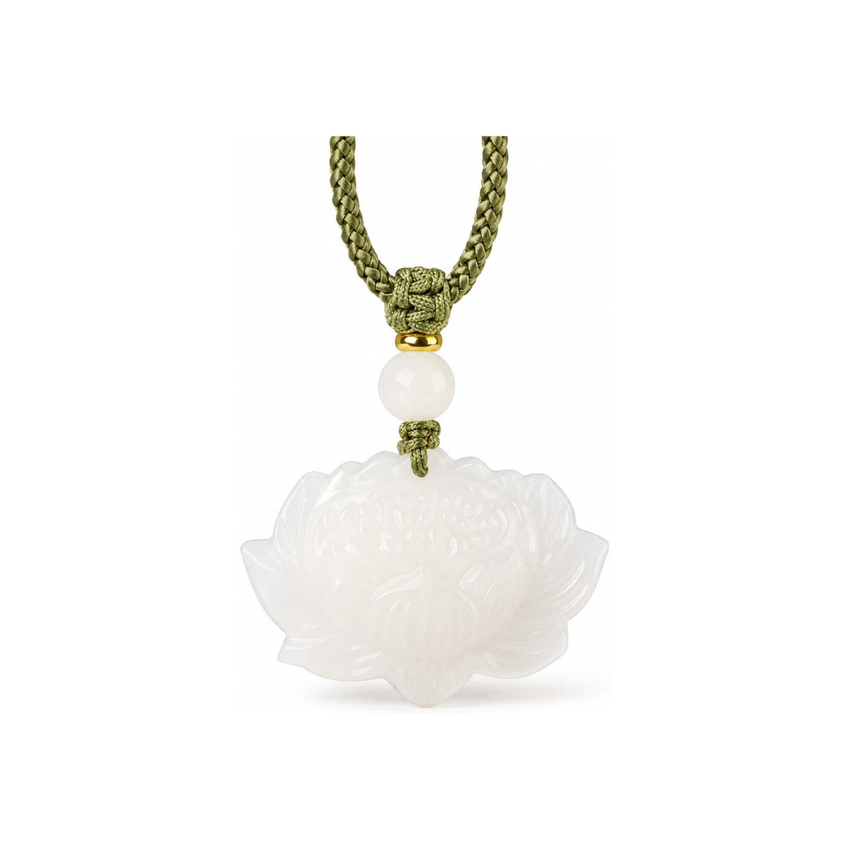 Front view of a carved white Hetian jade lotus pendant with olive-green braided cord