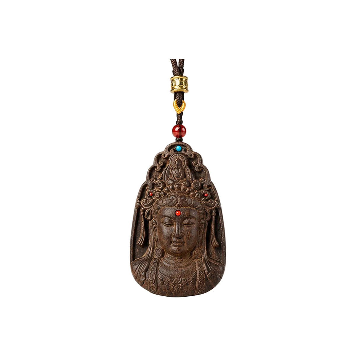 Front view of an agarwood Guanyin pendant with dark braided cord and red accent bead