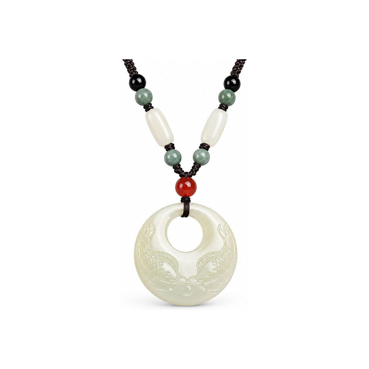 Front view of a Hetian jade double fish pendant necklace with dark braided cord and colorful accent beads