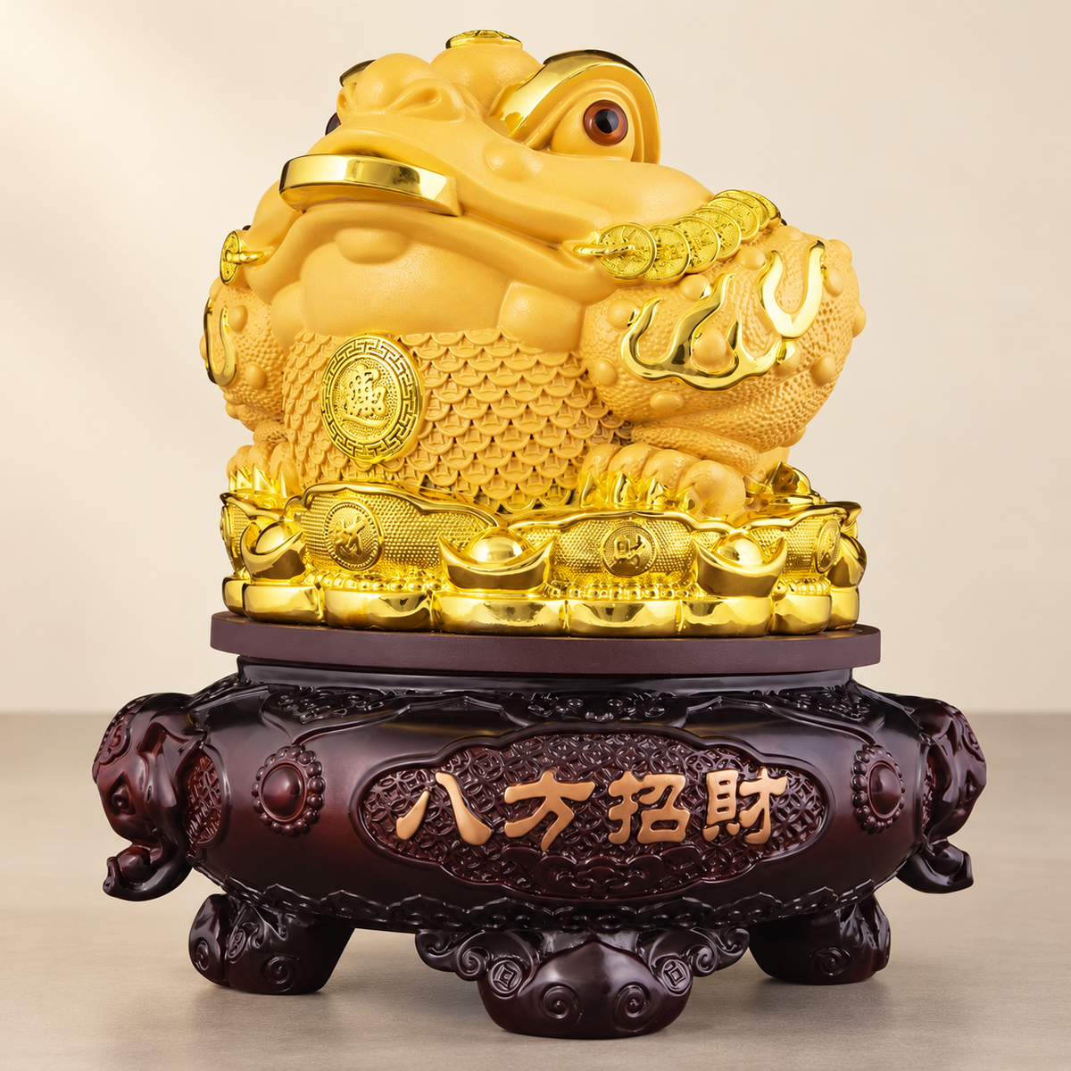 Golden money frog ornament — front view