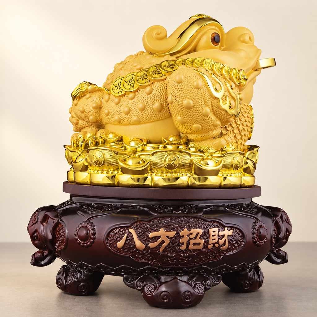 Golden money frog ornament — side view